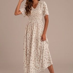 Floral Short Sleeve V Neck Smocked Tiered Maxi Dress
